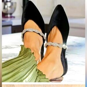 BIRDIES The Swan Caviar Black Velvet Jewel Straps Slides Pointed Toes Womens 9.5